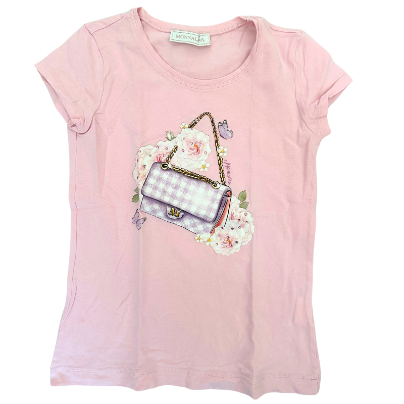 T-shirt Monnalisa rose – Sac vichy & fleurs en relief