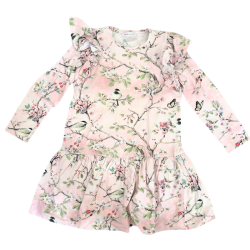 Robe Monnalisa imprimé oiseaux & fleurs – manches longues et volants romantiques