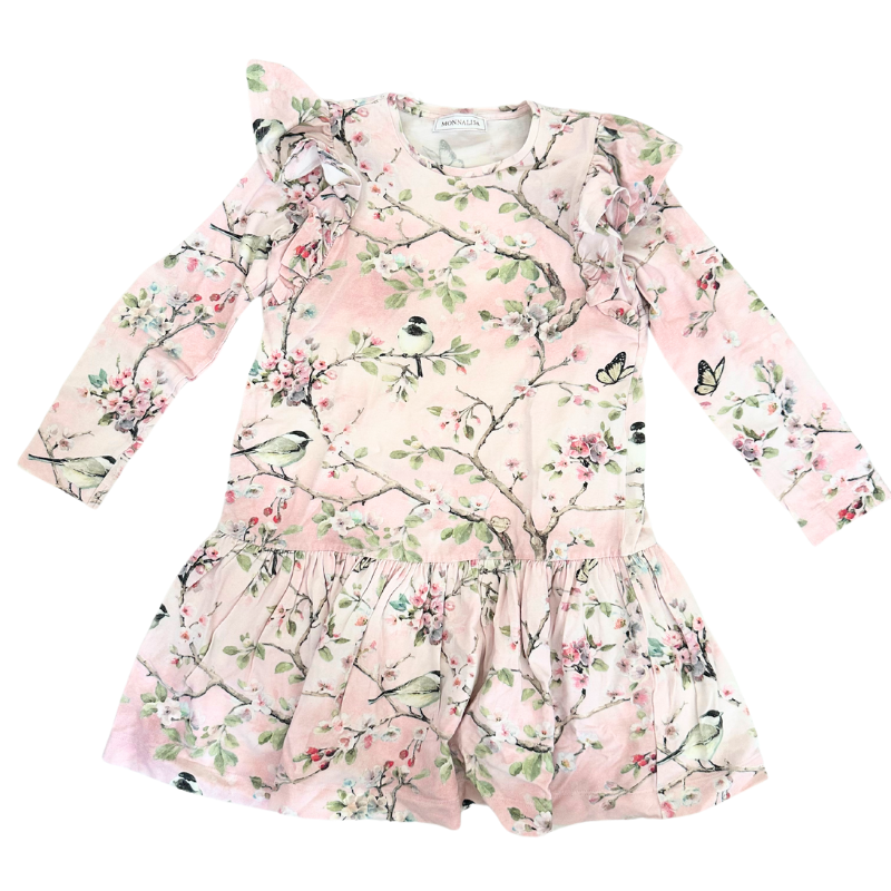 Robe Monnalisa imprimé oiseaux & fleurs – manches longues et volants romantiques Robe Monnalisa imprimé oiseaux & fleurs – manches longues et volants romantiques