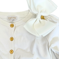 Gilet Angel’s Face blanc – Noeud oversize et boutons dorés