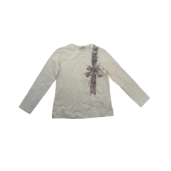 T-shirt blanc à manches longues fille – Monnalisa – Nœud fleuri taille 8ans