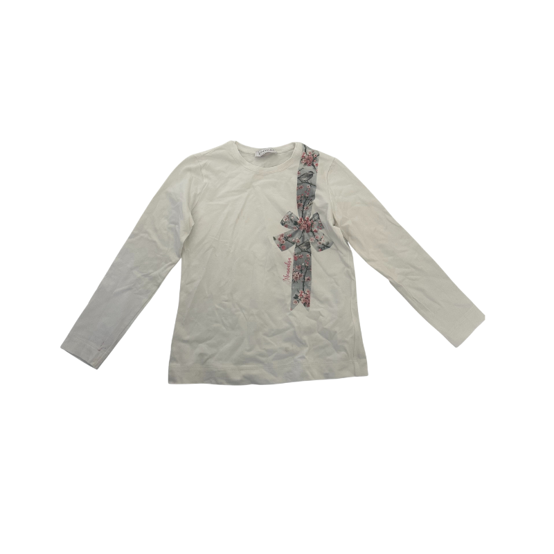 T-shirt blanc à manches longues fille – Monnalisa – Nœud fleuri taille 8ans