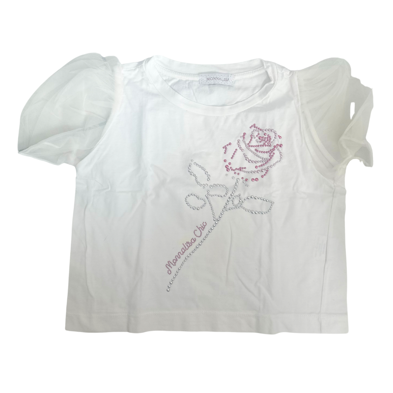T-shirt à manches en tulle et motif rose – Monnalisa Chic