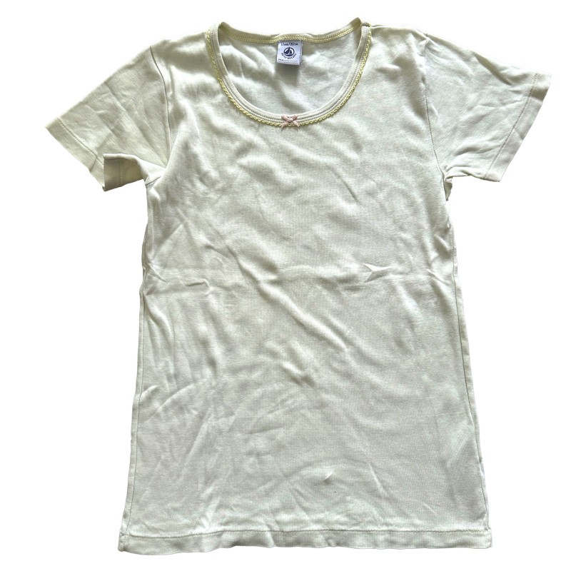 T-shirt Petit Bateau jaune pâle fille – Col rond avec petit nœud rose