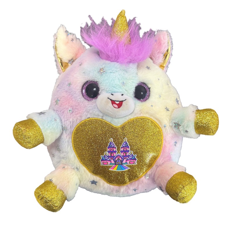Peluche licorne arc-en-ciel avec ailes dorées – Cœur pailleté et crinière violette