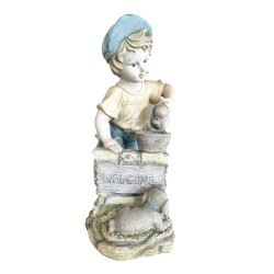 Statuette décorative garçon au chien – Modèle “Welcome” pour jardin ou intérieur