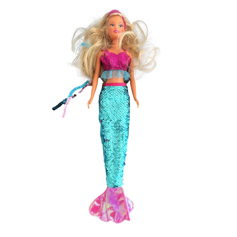 Poupée sirène scintillante – Queue à sequins et nageoire irisée