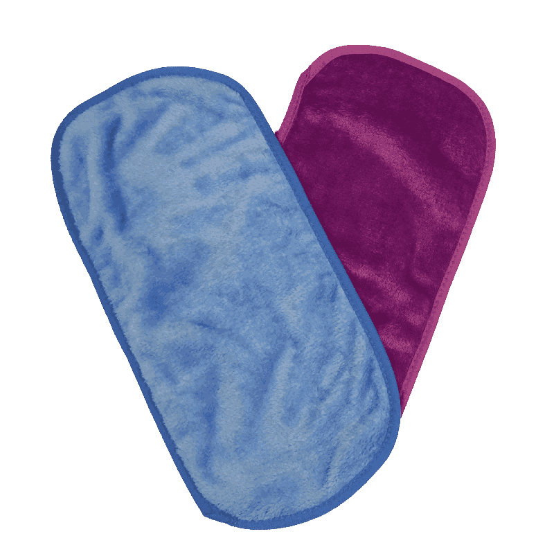 Lot de 2 lingettes lavables / gants de toilette en fausse fourrure douce – bleu & violet