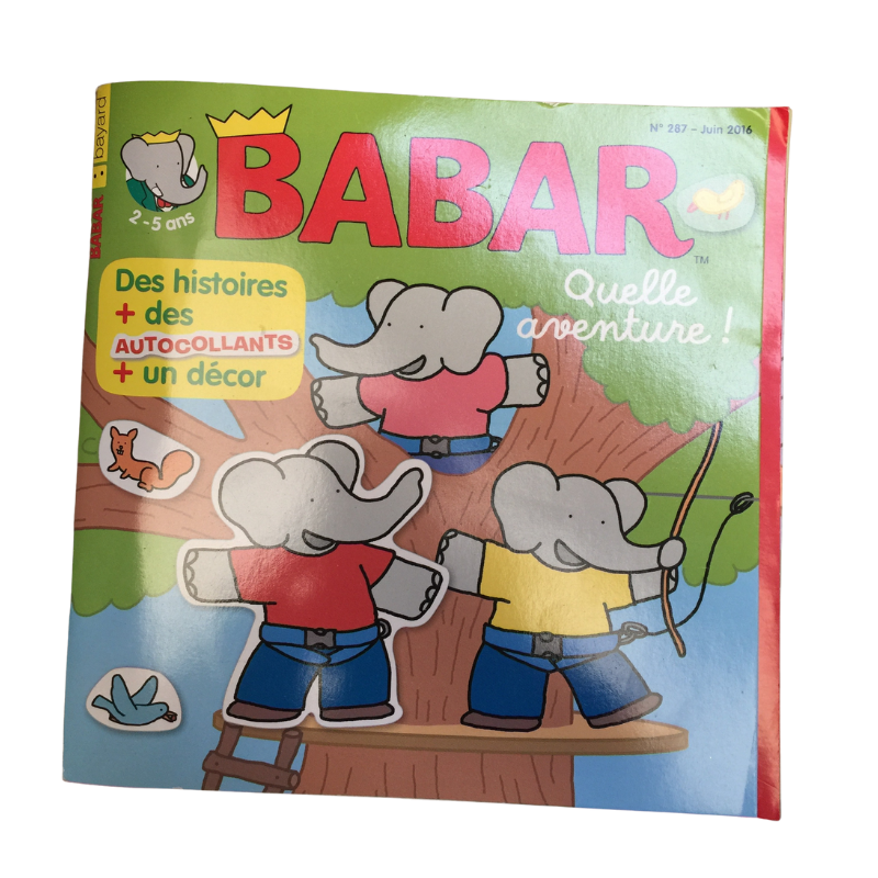 Magazine pour enfants Babar – Quelle aventure ! (juin 2016). Histoires, autocollants et décor inclus.