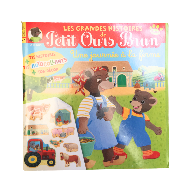 Magazine enfant Petit Ours Brun – Une journée à la ferme. Histoire + décor + autocollants.