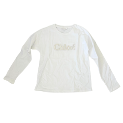 T-shirt manches longues Chloé blanc logo brodé fille 10 ans