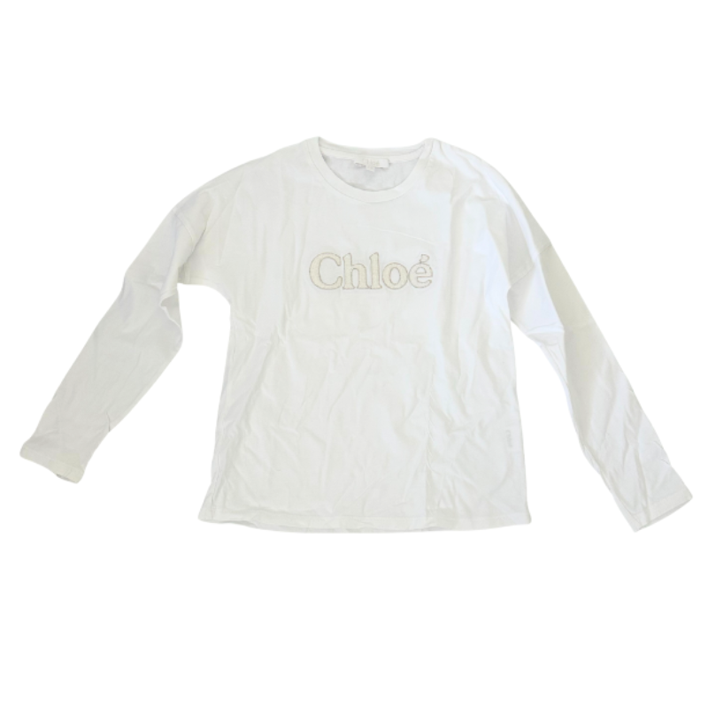 T-shirt manches longues Chloé blanc logo brodé fille
