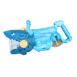 Jouet lanceur requin bleu, style futuriste, robuste.