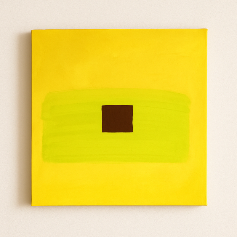 Tableau abstrait “Carré Central” – Composition jaune, vert et brun