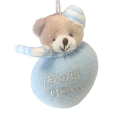 Petit ourson en peluche douce “Mon Noël”, en bleu, parfait à suspendre pour décorer une chambre d’enfant.