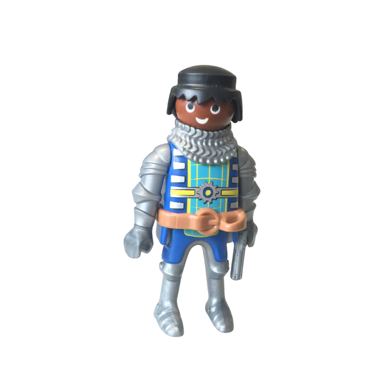 Figurine Playmobil chevalier – Armure argentée et tenue bleue – Destockage