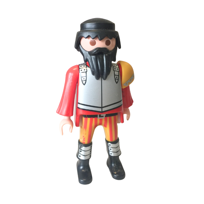 Figurine Playmobil chevalier royal – Barbe noire, tunique rouge et jaune – Destockage