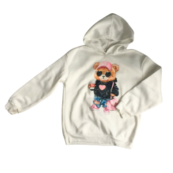 Sweat à capuche enfant – Motif ourson stylé – Blanc