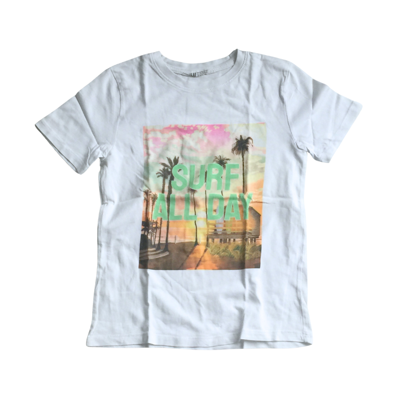 T-shirt H&M enfant – 8/10 ans – “Surf All Day” – Motif coucher de soleil