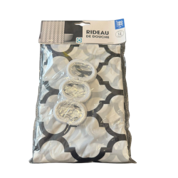 Rideau de douche 180×180 cm – Motif géométrique noir & blanc – Avec 12 anneaux