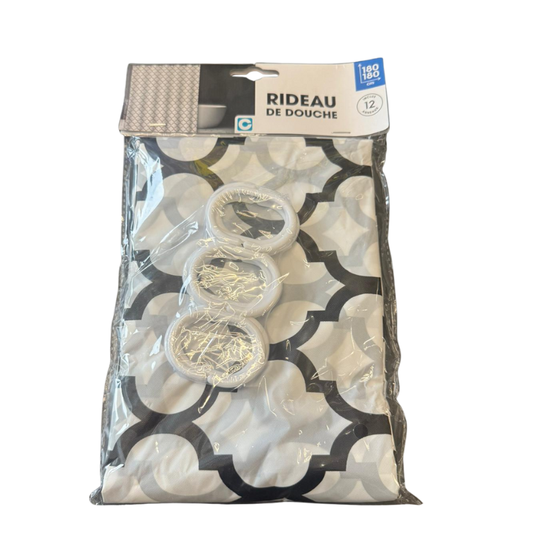 Rideau de douche 180×180 cm – Motif géométrique noir & blanc – Avec 12 anneaux