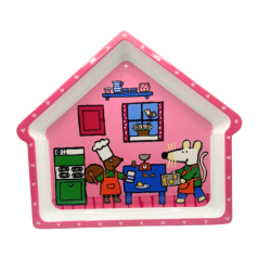 Assiette enfant compartimentée rose en forme de maison – Plateau repas souris cuisine – 3 compartiments