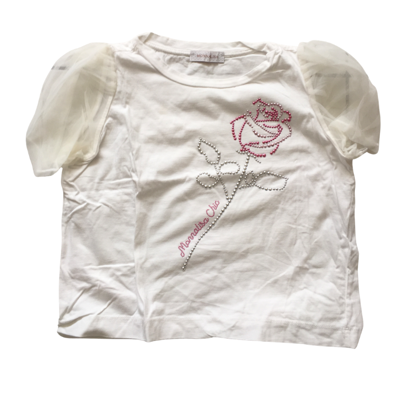 T-shirt Monnalisa blanc manches tulle rose strass 10 ans