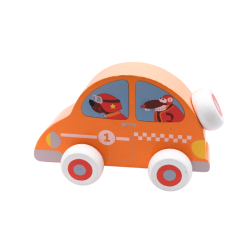 Voiture jouet en bois orange avec motif animaux