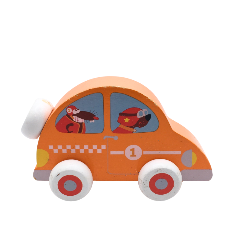 Voiture jouet en bois orange avec motif animaux