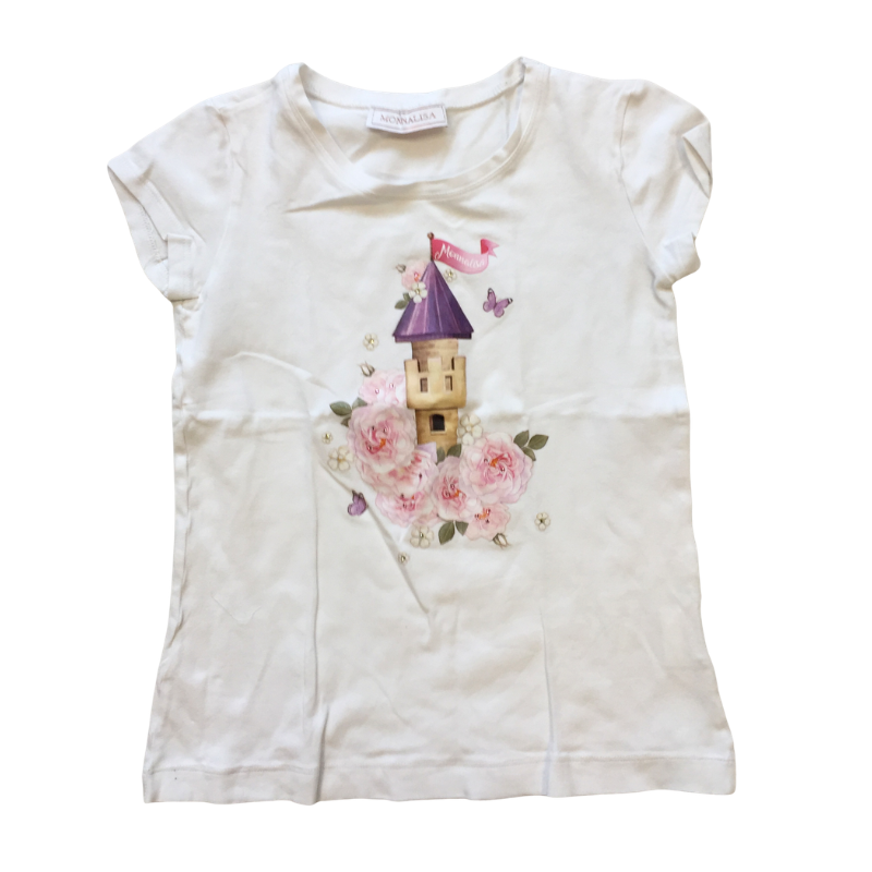 T-shirt enfant Monnalisa blanc motif château fleuri 10 ans