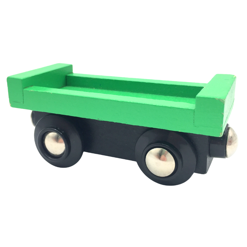 Wagon plat vert miniature pour train en bois