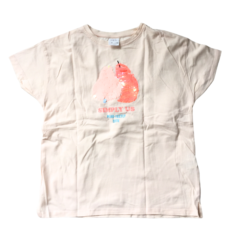 T-shirt beige Zara fille 10 ans avec poire à sequins réversibles