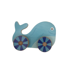 Petite baleine en bois bleue à roulettes