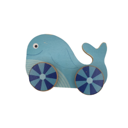 Petite baleine en bois bleue à roulettes