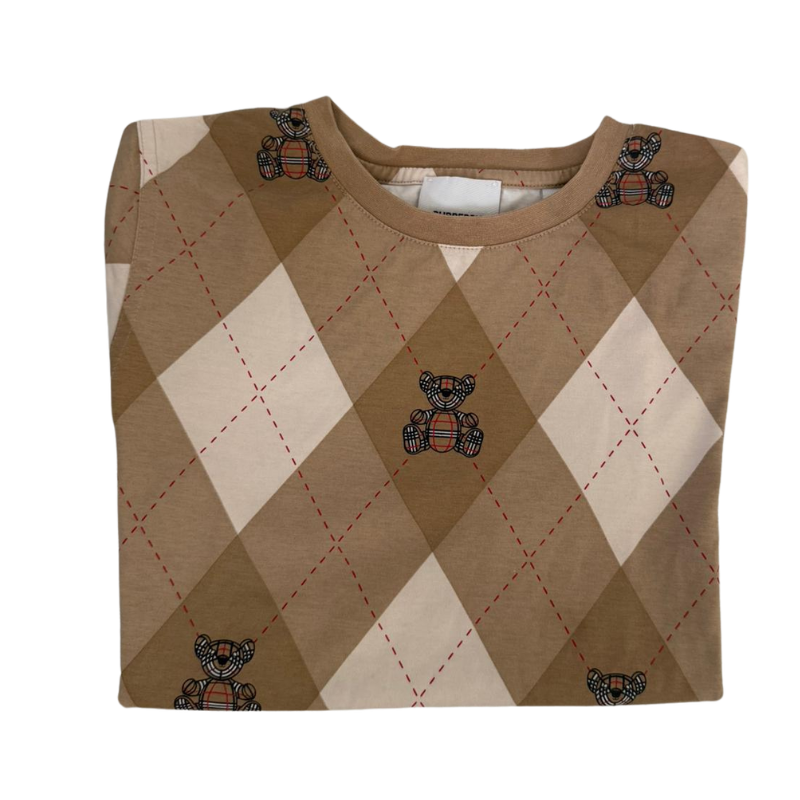 T-shirt enfant Burberry Kids motif losanges et oursons – Beige/Camel – 8 ans / 128 cm