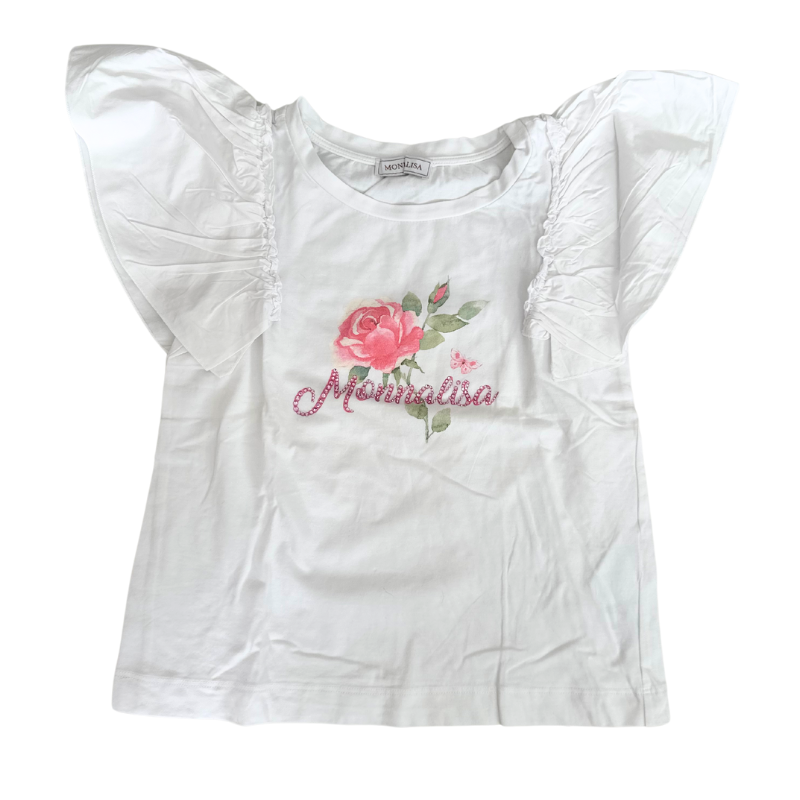 T-shirt Monnalisa Fille – Fleur Brodée et Manches Volantes Blanc
