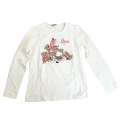 T-shirt blanc fille à manches longues – Alice, motif oursons et strass roses