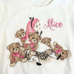 T-shirt blanc fille à manches longues – Alice, motif oursons et strass roses